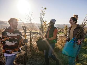 photography of three people gardening in a field